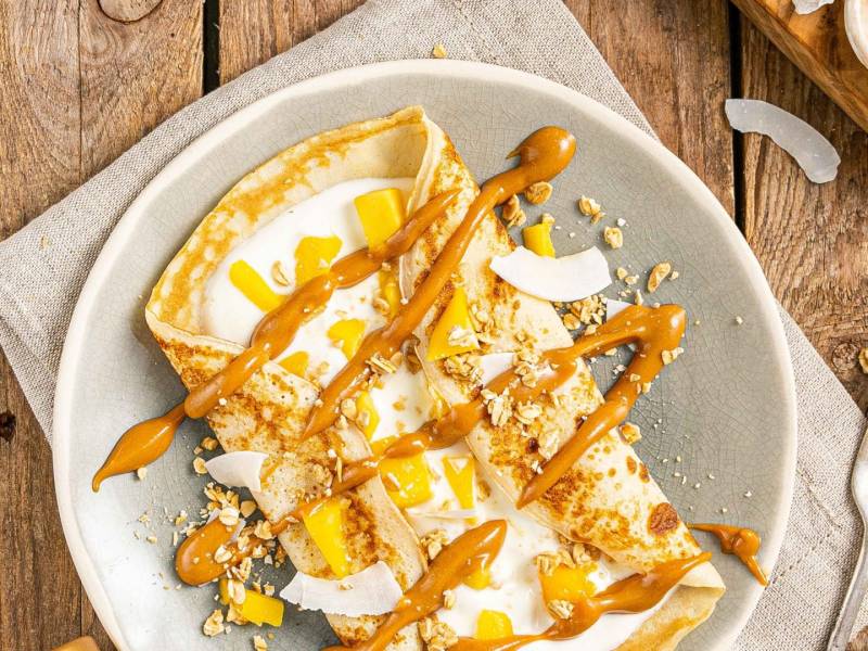 Tropical Crunch and Peanut Drizzle Pancakes