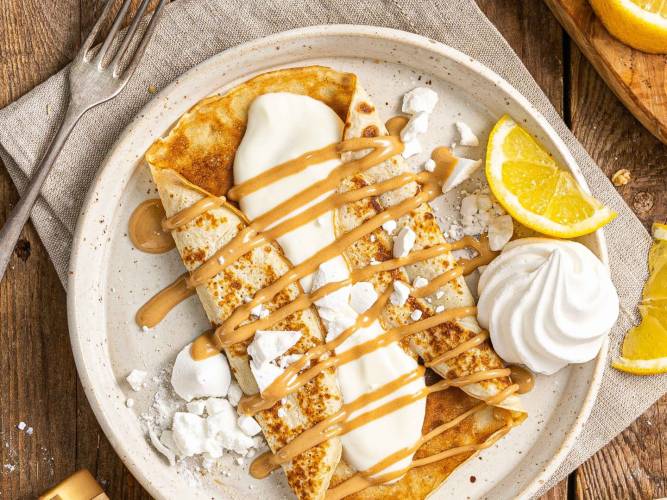 Lemon yogurt and peanut drizzle pancakes