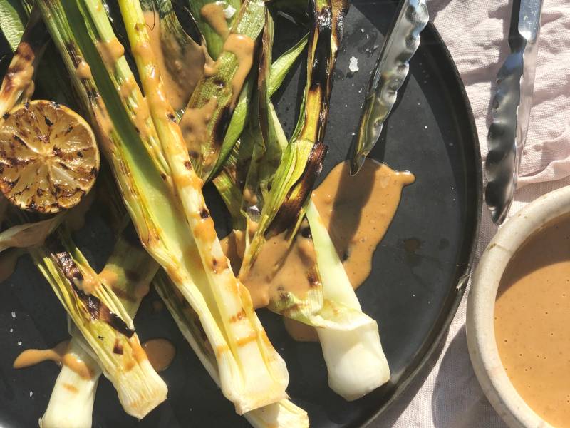 BBQ’d Leeks with Curried Peanut Butter Dressing