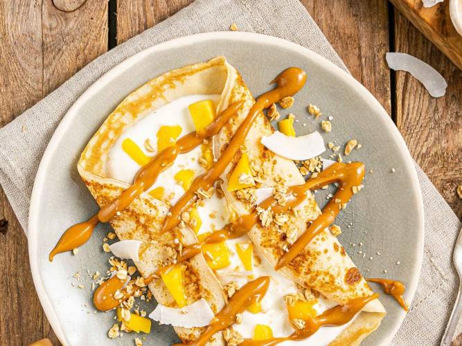 Tropical Crunch and Peanut Drizzle Pancakes